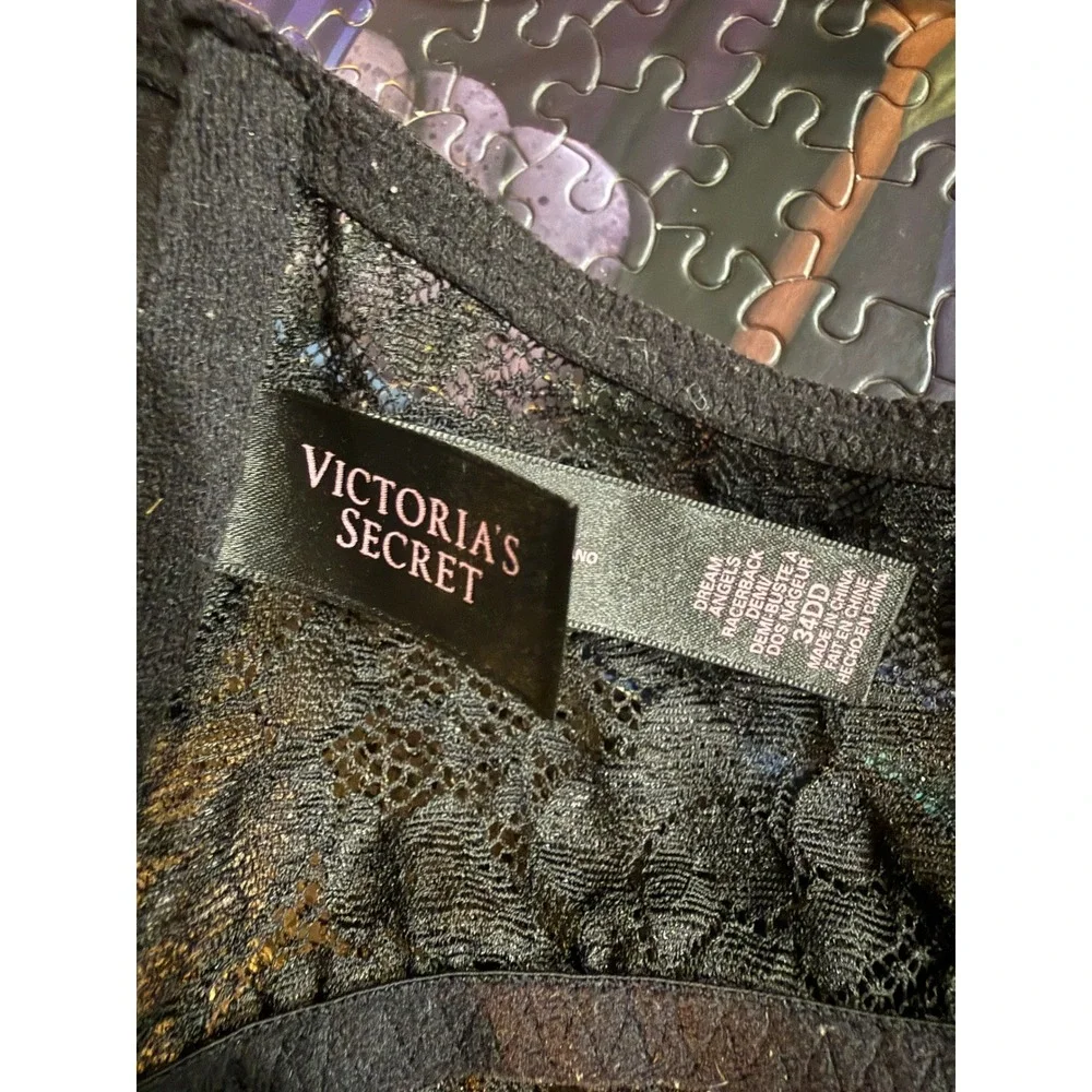 Victoria's Secret Dream Angels Demi Racerback Bra Black Lace Front Close 34DD